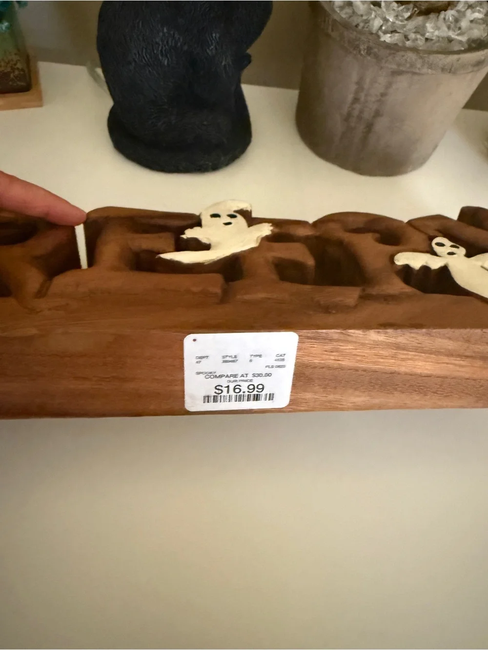 Wooden Halloween Decor CREEPY Decorative Sign with White Ghost Accents